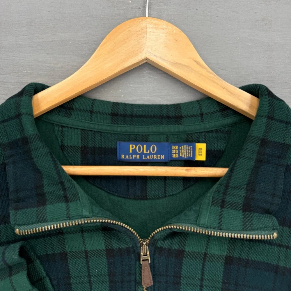 Polo Ralph Lauren Quarter Zip Pullover Green Black Plaid Knit Cotton Sweater 3XB